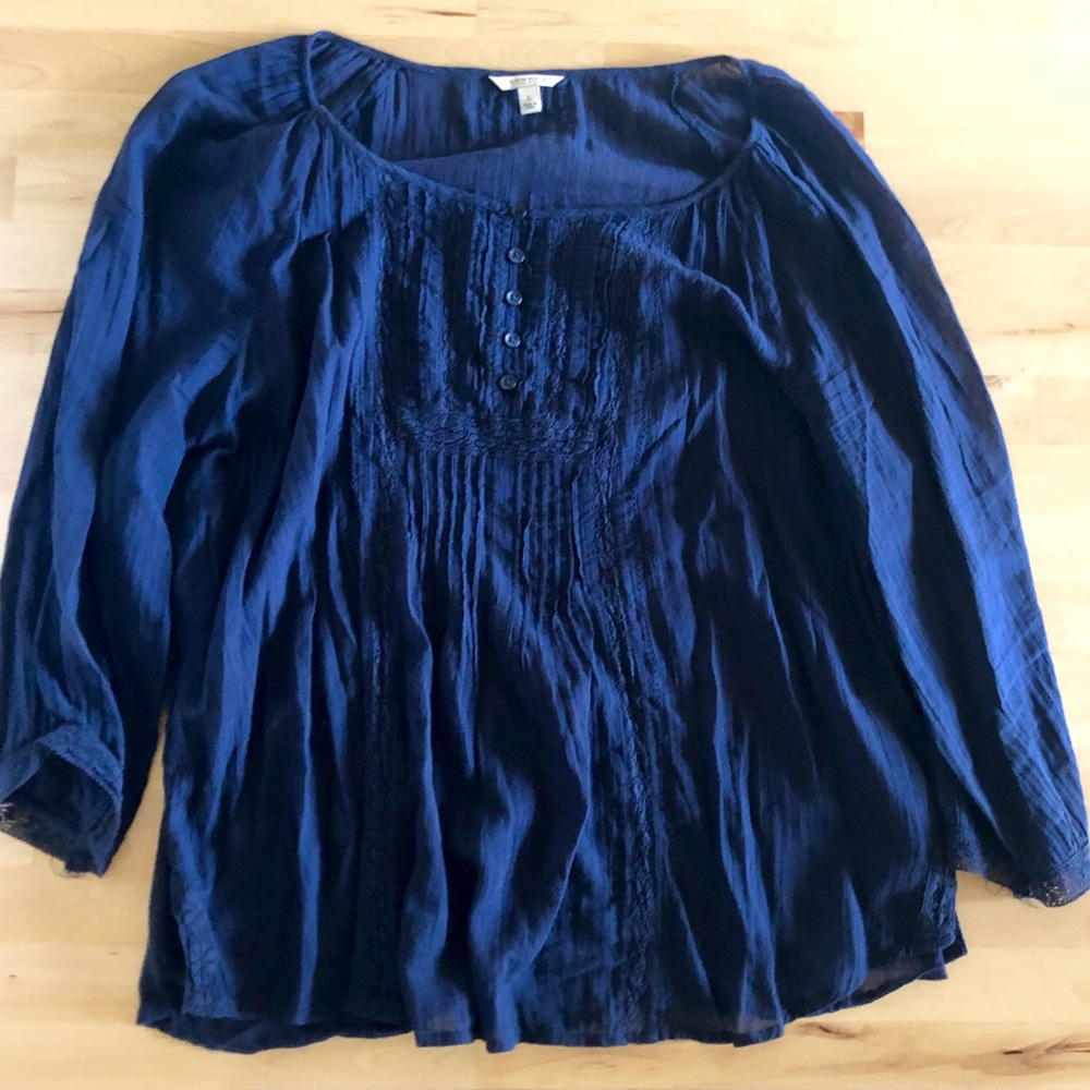Navy blouse with embroidery, pleats, lace trim